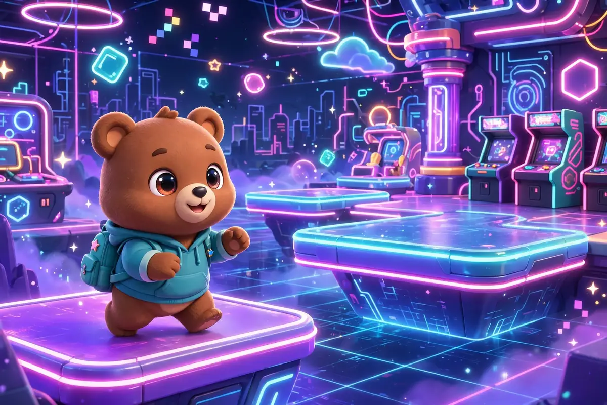 Cartoon bear in the neon Arcade World of Super Bear Adventure with glowing platforms
