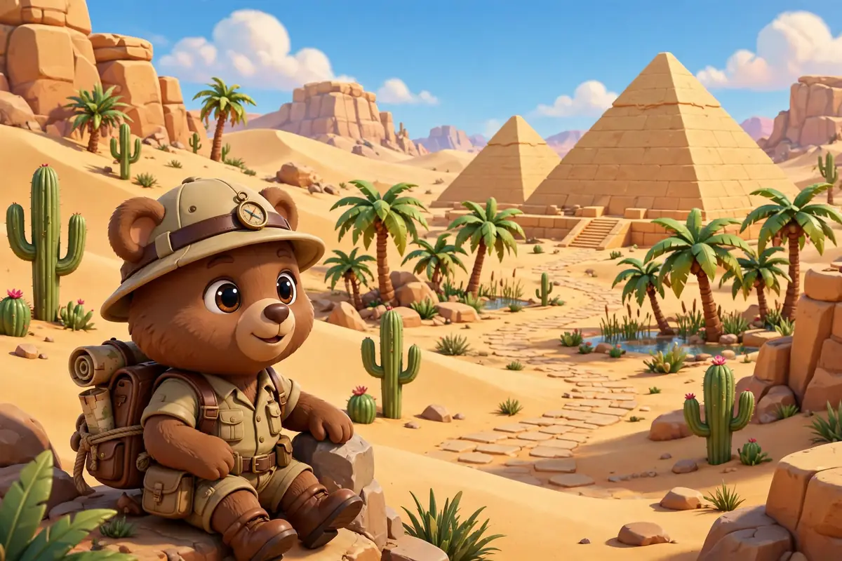 Cartoon bear explorer in the desert region of Super Bear Adventure with pyramids and palm trees