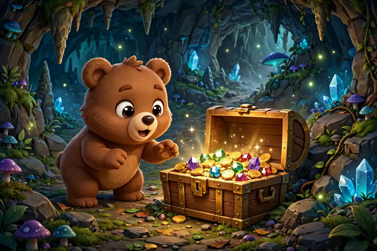 Cartoon bear discovering a hidden treasure chest in a secret cave in Super Bear Adventure