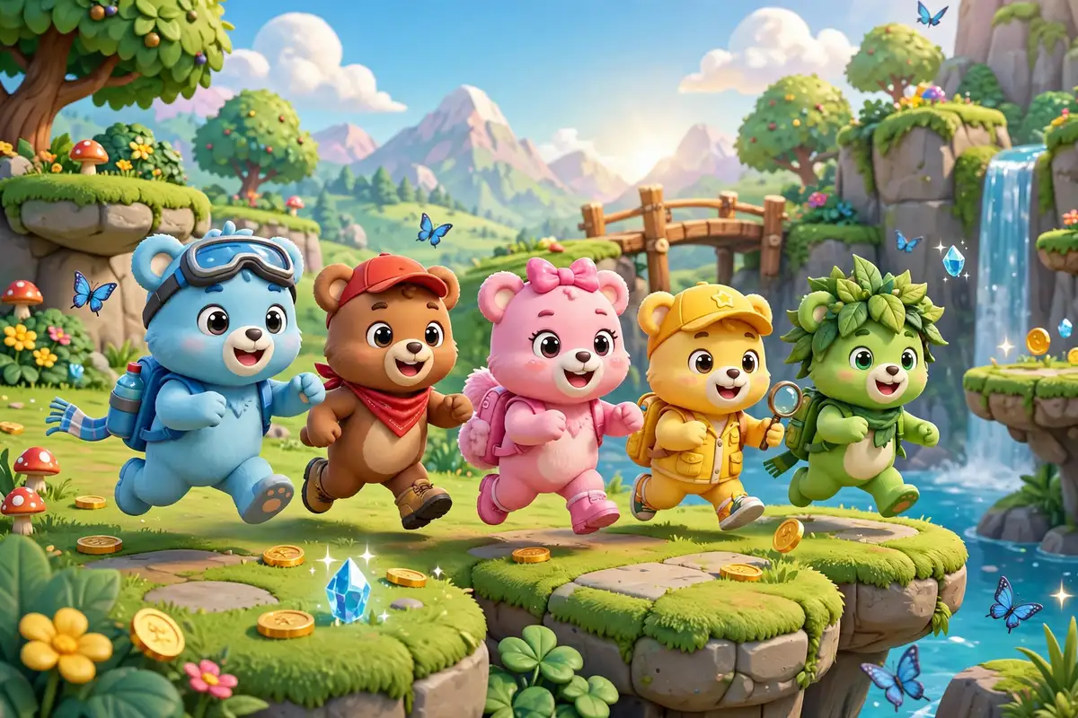 Group of cartoon bears racing and exploring together in Super Bear Adventure multiplayer