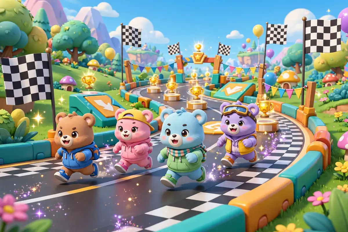 Cartoon bears running on a multiplayer-only race track in Super Bear Adventure