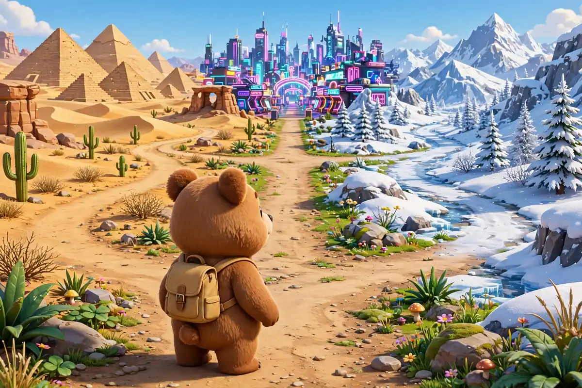 Puzzle challenges across desert, snow and arcade regions in Super Bear Adventure