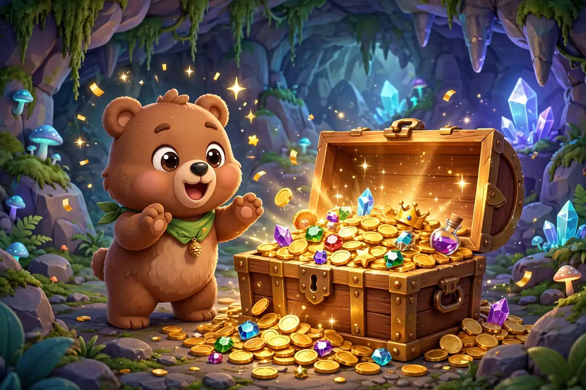 Hidden treasure chest with coins as puzzle reward in Super Bear Adventure